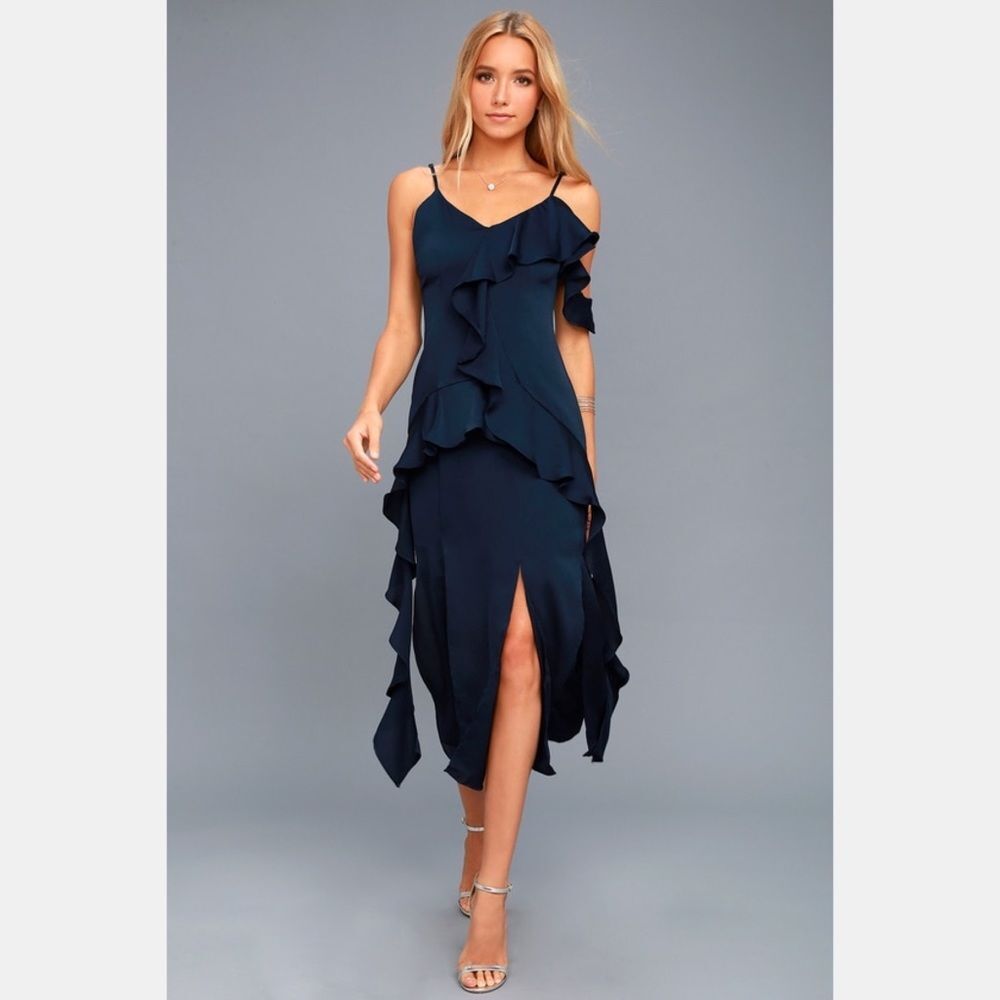 Keepsake Love Bound Ruffle Midi Dress Navy Blue